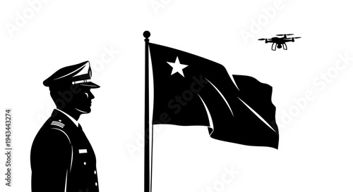 Military officer watches drone fly past national flag, symbolizing modern warfare and surveillance