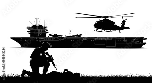 Military Operation: Soldier, Helicopter, Aircraft Carrier Silhouette