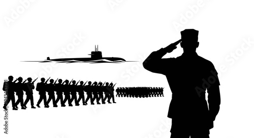 Military Parade: Soldier Saluting, Marching Troops, and Submarine Silhouette