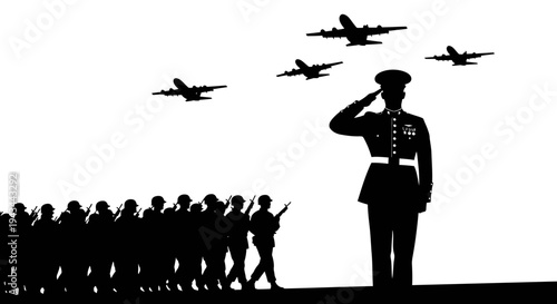 Military Parade: Soldier Saluting, Troops Marching, Airplanes Flying Overhead