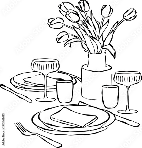 Hand drawn dinner table with tulips, glasses, and plates. Illustration for invitations, stationery, or branding. Dinner icon for party invitations.