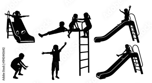 Children playing on slides and playground equipment, silhouette.