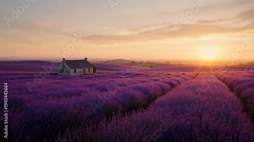 Romantic Lavender Field at Sunset with Old House and Golden Light