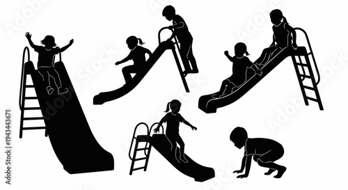 Children playing on slides, silhouette, outdoor playground fun, active kids, summer vacation
