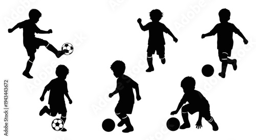 Children Playing Soccer Silhouette: Dynamic Action Shots of Young Boys Kicking Ball