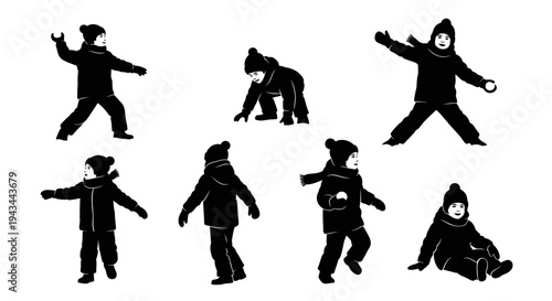 Children Playing Snowball Fight Silhouette Collection: Winter Fun, Outdoor Activities, Kids in Snow