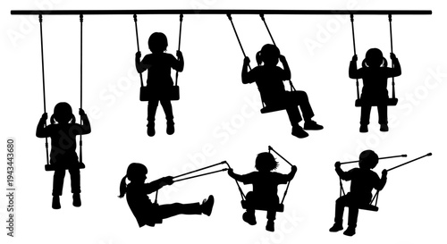 Children playing on swings, silhouette of kids having fun on playground equipment