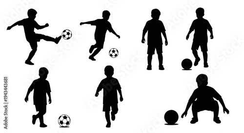 Children Playing Soccer Silhouette Set: Action Poses of Young Boys Kicking and Running with Ball