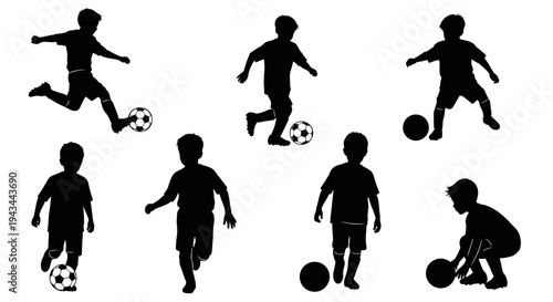 Children Playing Soccer Silhouettes: Action Shots of Young Athletes Kicking and Running with Ball