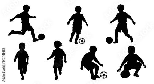Children Playing Soccer Silhouettes: Action Shots of Kids Kicking, Running, and Dribbling