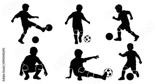 Children Playing Soccer Silhouettes: Action Shots of Young Athletes on White Background