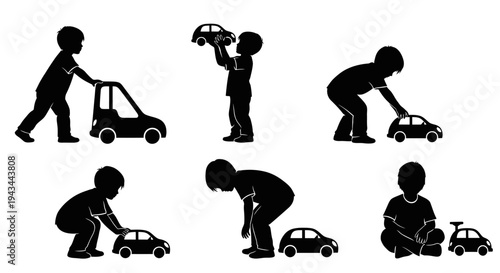 Children playing with toy cars, silhouette set