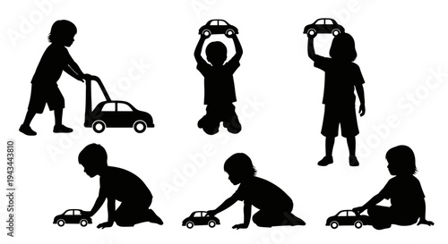 Children Playing with Toy Cars, Silhouette Set: Pushing, Holding, and Driving