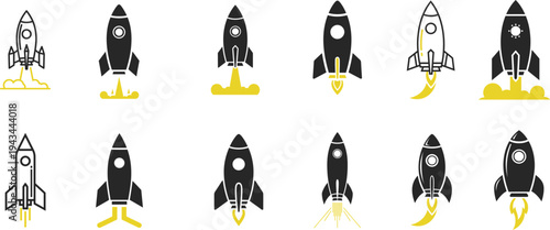 Assorted black and white rocket ship icons on for space exploration concepts