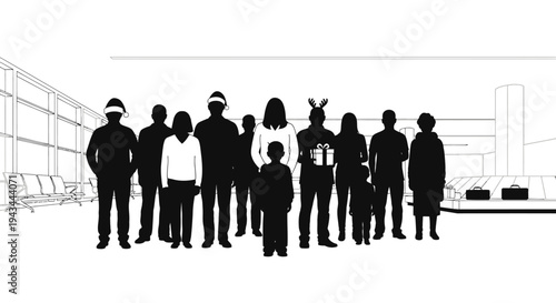 Diverse Group of People Silhouettes in Airport with Christmas Hats and Gift
