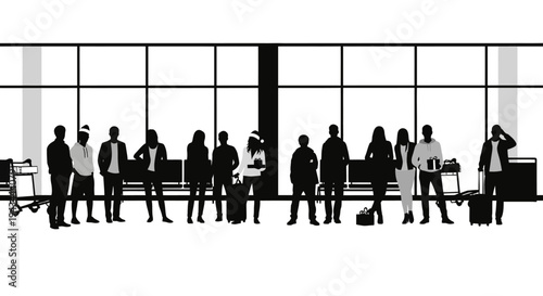 Diverse group of people silhouettes waiting in airport terminal with luggage and carts