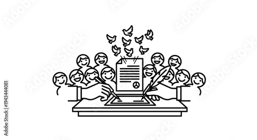 Diverse group signing a peace treaty with doves flying above, symbolizing unity and agreement.