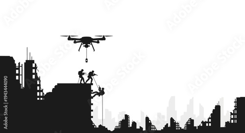 Drone Delivering Supplies to Survivors in Ruined City Silhouette