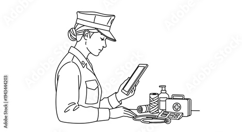 Female medic in uniform uses tablet with medical supplies and first aid kit
