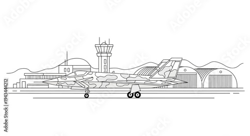 Fighter Jet on Runway with Control Tower and Hangars - Line Art Illustration