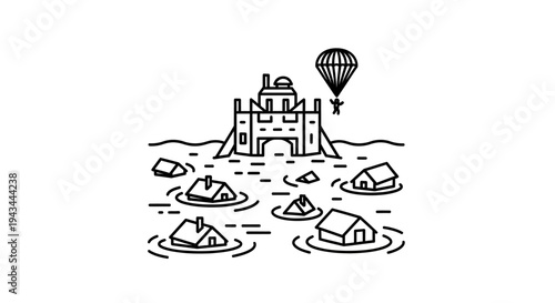 Flooded Cityscape with Parachuting Figure Above Castle Ruins