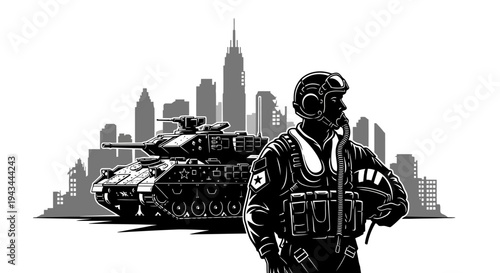 Military Pilot and Tank in Cityscape - War and Defense Concept
