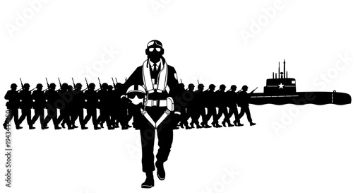 Military Pilot Leads Marching Soldiers and Submarine in Silhouette