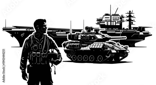 Military Pilot Standing Before Aircraft Carrier and Tank, Symbolizing Modern Warfare and Defense