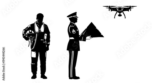 Military Pilot, Soldier with Drone, and Futuristic Aircraft Silhouette