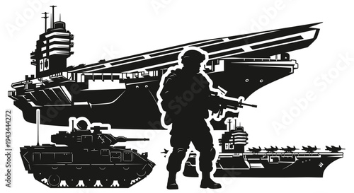 Military Power: Aircraft Carrier, Tank, and Soldier Silhouette