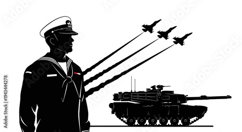 Military Power: Navy Officer, Tank, and Fighter Jets in Formation