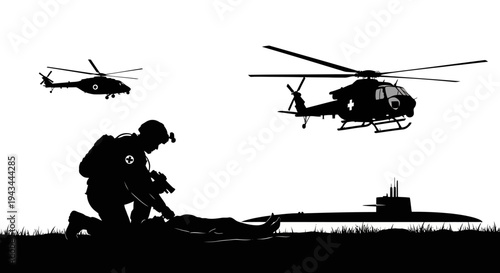 Military Rescue Operation: Soldier Aids Injured Person with Helicopters and Submarine