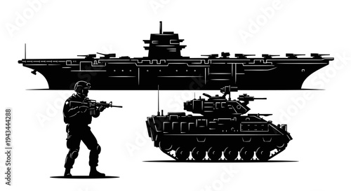 Military Power: Soldier, Tank, and Aircraft Carrier Silhouette Comparison