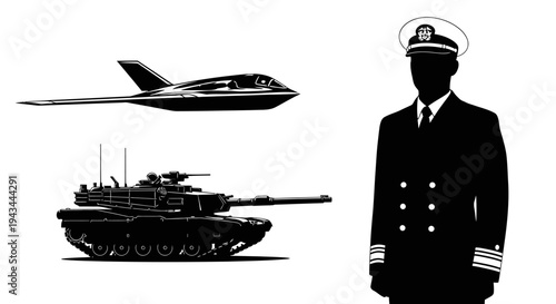 Military Power: Tank, Jet Fighter, and Naval Officer Silhouette Collage