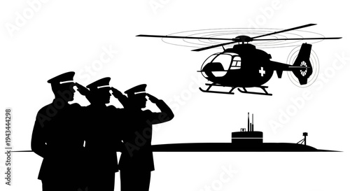 Military Salute: Helicopter, Submarine, and Soldiers in Silhouette