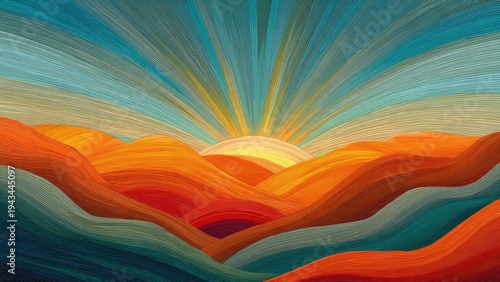 Abstract sunrise over orange and blue hills