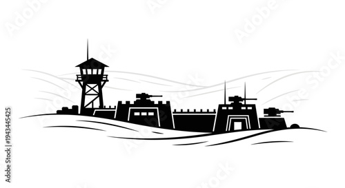 Fortified Military Base Silhouette with Watchtower and Tanks
