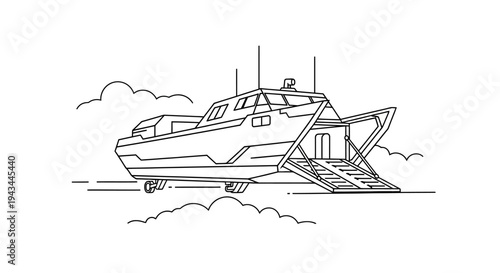 Futuristic Hovercraft with Open Ramp, Vector Line Art, Transport Concept