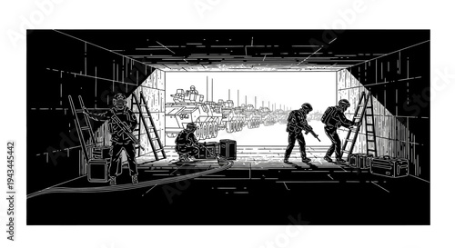 Futuristic industrial landscape with workers in hazmat suits