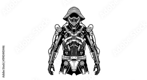 Futuristic Cyborg Warrior Robot, Sci-Fi Soldier, Mechanical Soldier, Black and White Illustration