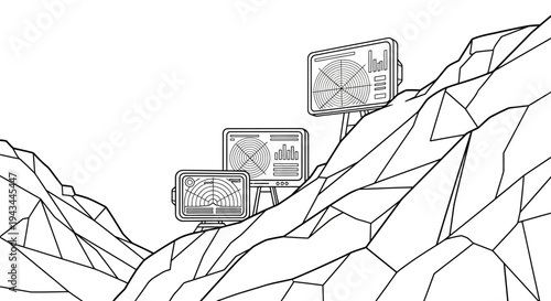Futuristic Radar Screens on Rocky Mountain Landscape, Digital Technology Concept