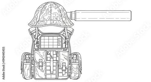 Futuristic Robot Excavator with Detachable Drill Arm - Top View Line Art
