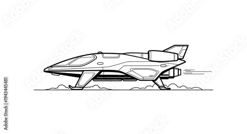 Futuristic Sci-Fi Spaceship Landing on Alien Planet with Clouds