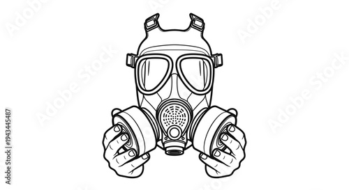 Gas Mask Protection, Hands Holding Respirator, Safety Equipment, Black and White Line Art