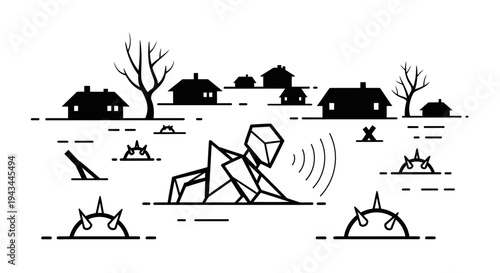 Geometric Man Digging for Signal in Barren Landscape with Spikes and Houses