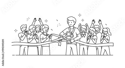 Grand Opening Ceremony: Man Cuts Ribbon with Scissors, Cheering Crowd Celebrates Success