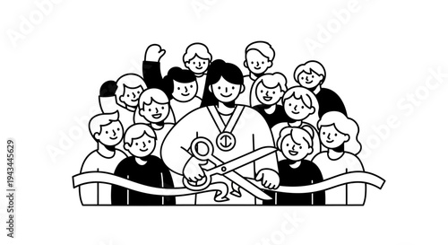 Grand Opening Ceremony: Woman Cuts Ribbon with Scissors Surrounded by Cheering Crowd