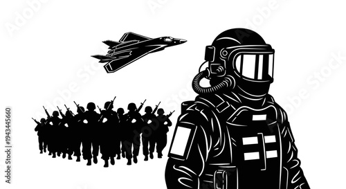 Military Soldier in Futuristic Armor, Army Troops, and Jet Fighter in Silhouette