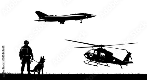 Military Soldier with Dog and Aircraft Silhouette