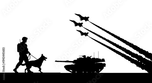 Military Soldier with Dog and Fighter Jets Flying Over Tank Silhouette